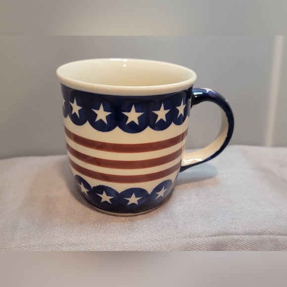 Flag Design Coffee Cup/Mug,Stars and Stripes, Handmade in Poland Pottery - Picture 1 of 7